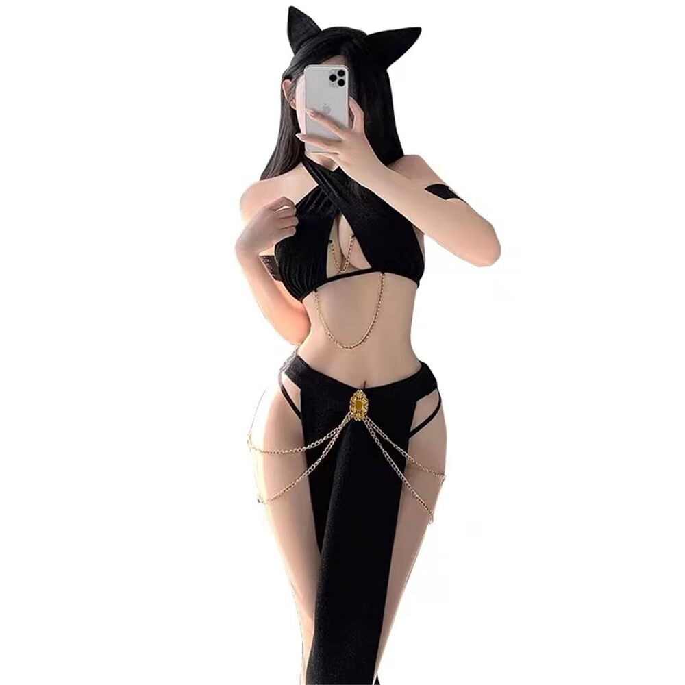 4998 Sexy Cat Cosplay Costumes Black Shiny Halter Hollow Top With Dress